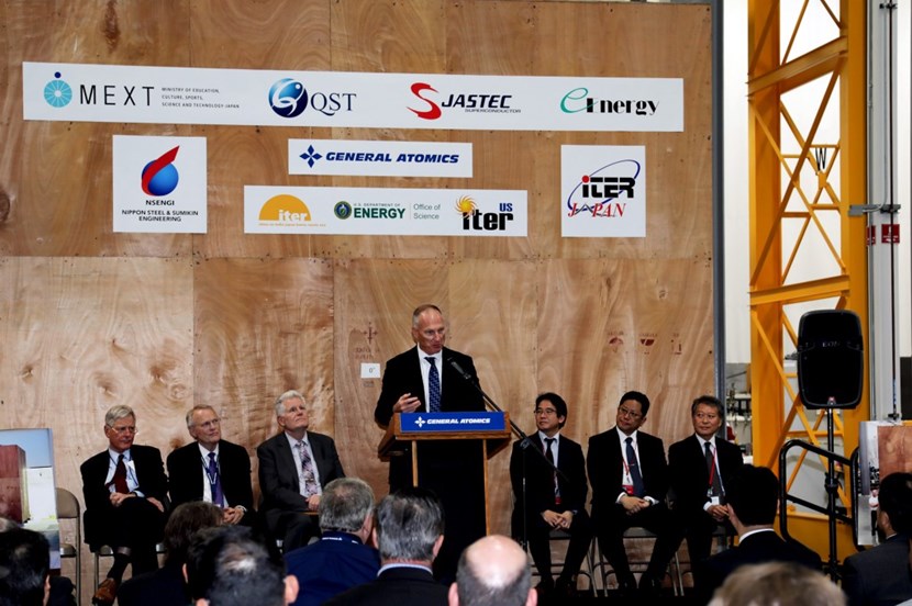 John Smith, manager for General Atomics of the ITER central solenoid project, speaks at an event marking the delivery of the final spool of conductor to the central solenoid facility near San Diego. Photo: GA (Click to view larger version...)