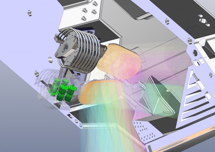 This is a simulated view from the plasma centre looking up into the upper launcher along the microwave beam path. The outer launcher structure is removed so that the steering mirrors—in orange—are visible. The mechanism of the top steering mirror is intact; the mechanism of the lower mirror is ''dematerialized'' so that the four bellows—in green—can be seen. (Click to view larger version...)