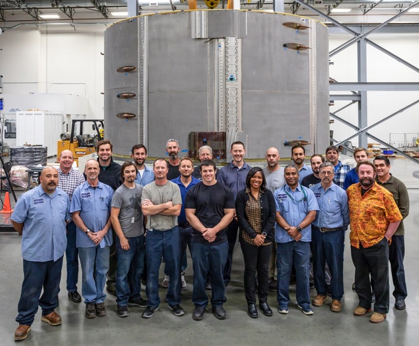 The module fabrication team at the General Atomics Magnet Technology Center in Poway, California. Six stacked modules will form the 1,000-tonne central solenoid magnet. Photo: GA (Click to view larger version...)