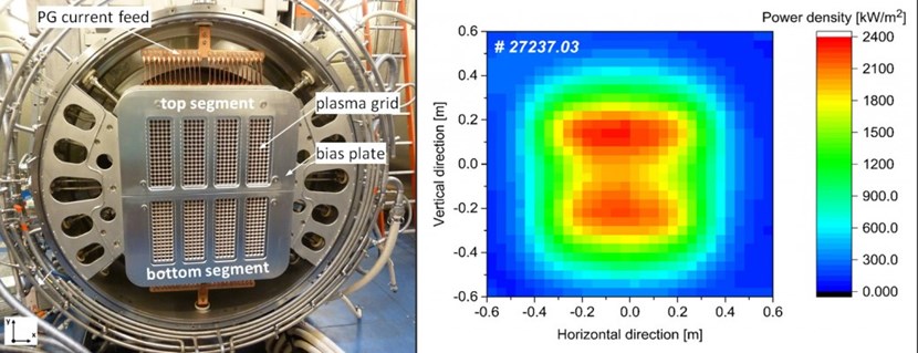 A beam of roughly 1 m x 1 m is extracted out of 640 apertures of the ELISE grid system (left). Three and a half metres later, it hits the diagnostic calorimeter which measures the 2D profile of the beam power (right). (Click to view larger version...)