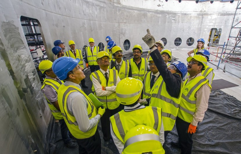 ITER Cryostat Group Leader Anil Bhardwaj gives a tour of the recently finalized base section. The 1,250-tonne cryostat base will be the first machine component to be lowered into the assembly pit in March 2020. (Click to view larger version...)