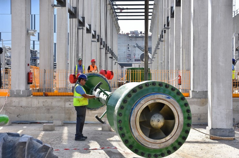 The installation of 10-metre long shafts for the 13 vertical turbine pumps is underway now. Each pump is designed to move one tonne of water per second. (Click to view larger version...)