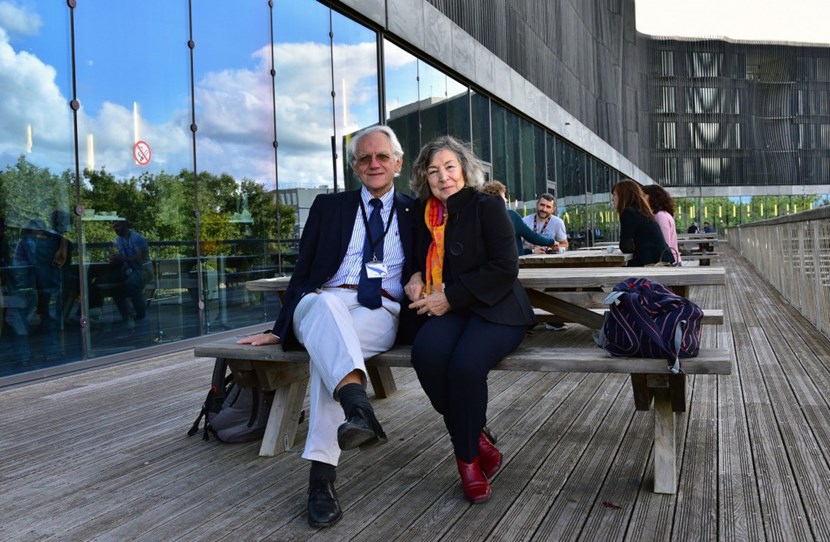 Gérard Mourou, here with his wife on the terrace of the ITER cafeteria, responded to the invitation of ITER physicist Greg de Temmerman. ''Very, very impressive,'' he commented after visiting the ITER construction site. (Click to view larger version...)