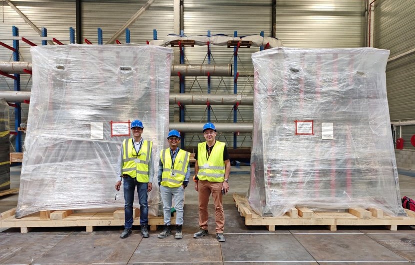 F. Albajar, F4E Technical Responsible Officer; Darshan Parmar, ITER Organization Technical Responsible Officer; and Paco Sanchez Arcos, F4E Project Manager, supervising the delivery of Europe's first high voltage power supply set for ITER's electron cyclotron system. (Click to view larger version...)
