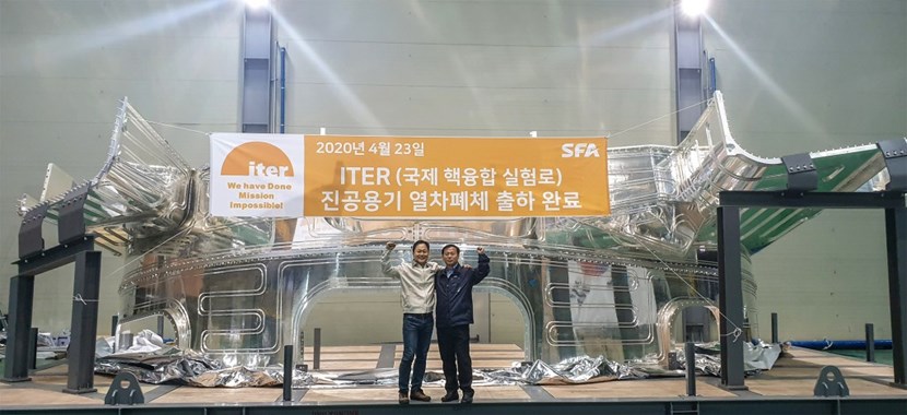 Korean contractor SFA has manufactured the thermal shield panels for all nine vacuum vessel sectors. In this view of sector #2 panels, cooling tubes are visible on the component's silver-coated surface. (Click to view larger version...)