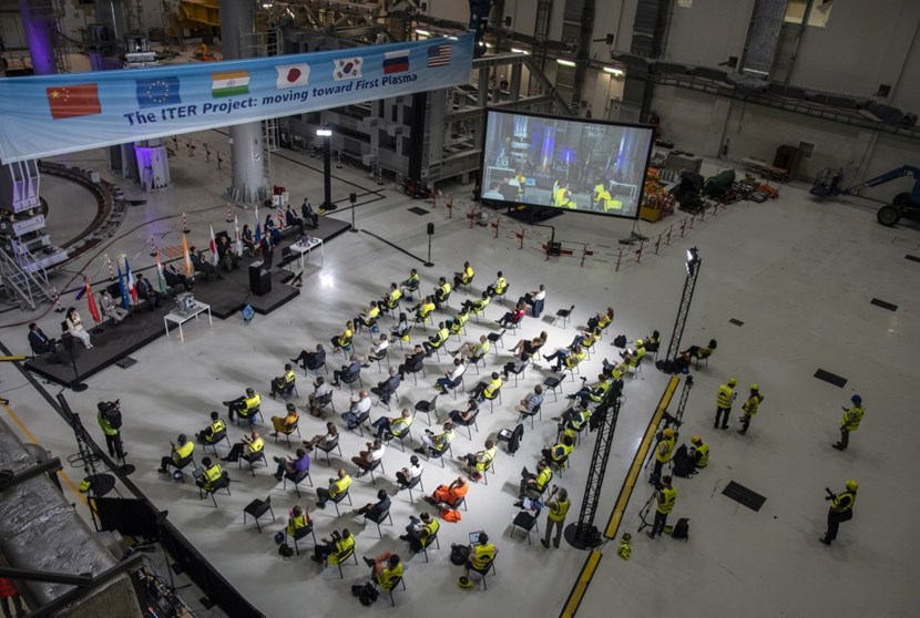 Due to the current pandemic, the crowd in the ITER Assembly Hall was small. But thanks to live broadcasting and video connection the audience was global. (Click to view larger version...)