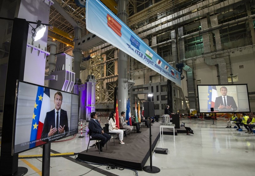 Organized in the ITER Assembly Hall, the kick-off ceremony was virtually hosted by President Emmanuel Macron of France. ''ITER is clearly an act of confidence in the future,'' he said. ''At its core is the conviction that science can truly make tomorrow better than today.'' Photo: Pierre Genevier-Tarel - ITER Organization (Click to view larger version...)