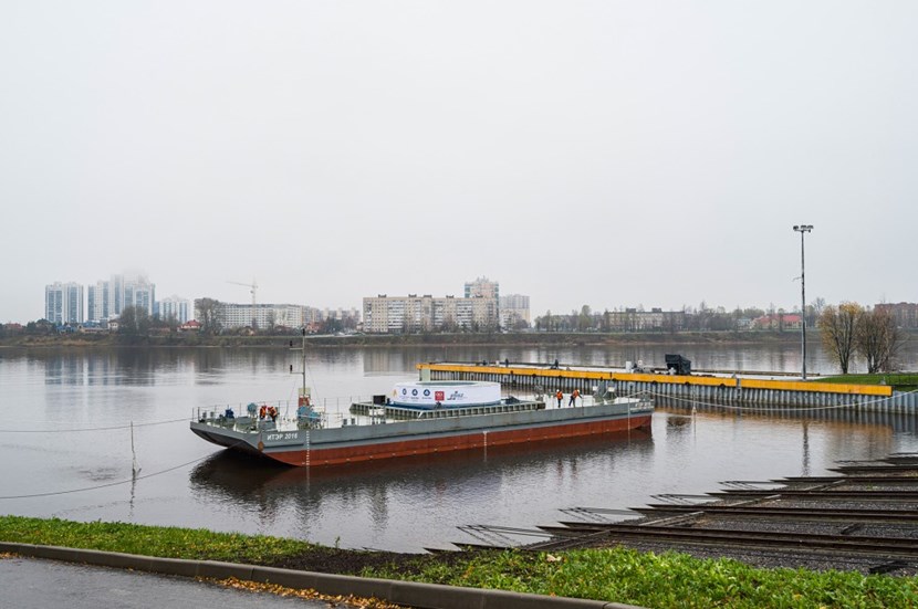 On 1 November 2022, the 200-tonne magnet PF1 was lowered from the building where it was manufactured in the Sredne Nevsky Shipyard, Saint Petersburg, to the Neva River. It was then reloaded on a transport vessel at the port of Bronka for shipment to ITER. (Click to view larger version...)