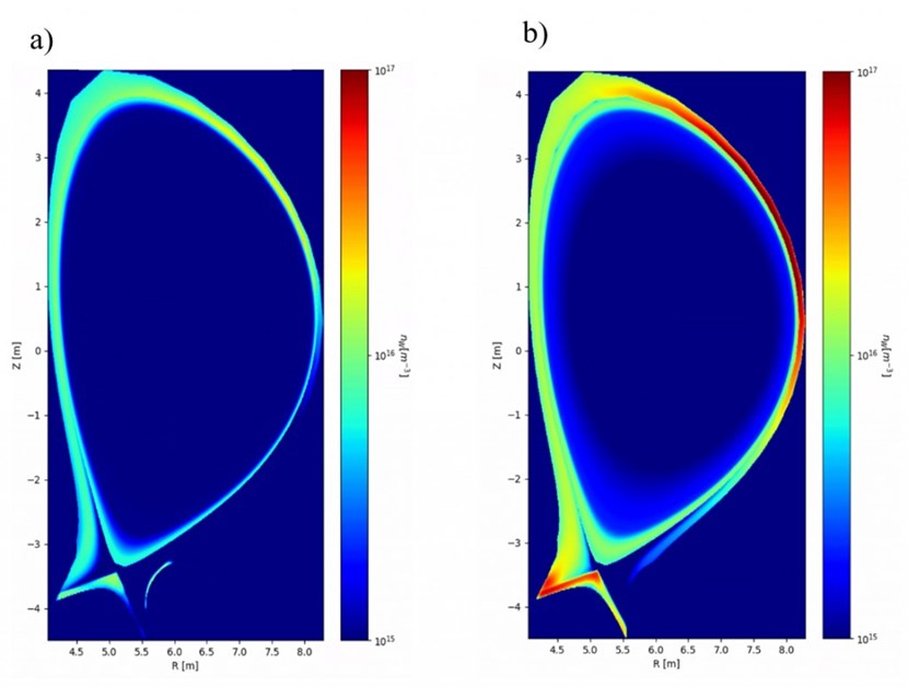 Modelled tungsten (W) density between ELMs (a) and after an ELM (b) showing the good screening of W in the ITER plasma periphery between ELMs and the increase of the W density following an ELM. (Modelling carried out by UKAEA under a Fusion for Energy Task Agreement with the ITER Organization.) (Click to view larger version...)