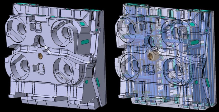 The transparency in the image on the right shows that a shield block is as complex in its internal cooling channels as in its outer geometry. Once paired with a first-wall panel, the blanket shield blocks play a dual role: protecting the machine's steel structure and superconducting toroidal field magnets from neutron flux and transferring heat to the cooling system via cooling channels. (Click to view larger version...)