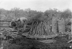 The making of a wood pile in Cadarache. Note the arrangement of branches at the heart of the pile. This is the central shaft that will serve as an air duct.