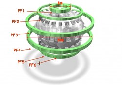 The poloidal field coils completely encircle the ITER vacuum vessel and toroidal field magnet system. These giant components are—for four of them, at least—too large to travel after manufacture. (Click to view larger version...)