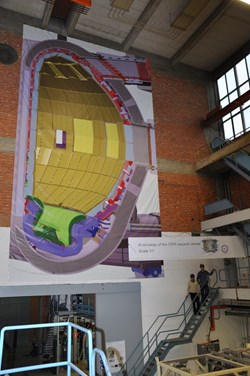 An ITER cross section drawing of scale 1:1 (12 m high by 7 m wide) used as test bed for the Fiber Optics Current Sensor fibre blowing system. (Click to view larger version...)