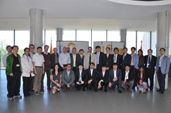The AC/DC magnet power converter team. Pictured during the Final Design Review at ITER: Electrical Engineering Division head Ivone Benfatto (centre, beige jacket); KODA Technical Responsible Officer Jong-Seok Oh (to Ivone's right); Kook-hee Moon (second row, third from right); Caroline Moller (first row, first from left); and ITER Technical Responsible Officer Hao Tan (first row, second from left). (Click to view larger version...)