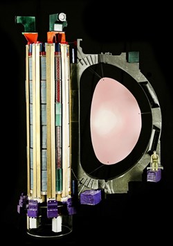 A ''toy''-sized, but accurately scaled, version of the ITER central solenoid (left) with one of the 18 toroidal field coils, printed on a desktop 3D printer. The pink oval represents the plasma. Notice the action figure at right showing the model's scale. Photo: US ITER/ORNL (Click to view larger version...)