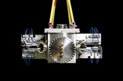 The guide tube selector test unit prototype has now been installed at the ORNL pellet lab for testing. The unit is designed to guide pellets to specific locations in the plasma. Photo: US ITER/ORNL (Click to view larger version...)
