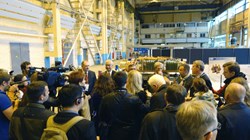 A press conference was held for more than 50 Russian and international journalists at the Efremov Institute, staged right up aginst huge mockups of busbars, fast discharge and switching units. Left to right, presenting: IAEA Deputy Director-General Alexander Bychkov; ITER Director-General Motojima; Oleg Filatov, director of the Efremov Institute; and Vladimir Vlasenkov, deputy director of ITER Russia. (Click to view larger version...)