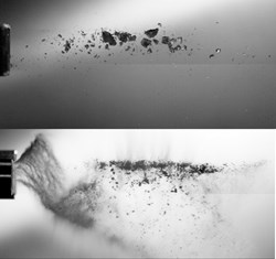 How strongly the various shattering heads impact the pellet fragmentation can be seen in these snapshots of the fragment plumes obtained with a rectangular and a circular shatter head. The movie above (at left) shows an example of the full fragmentation process. (Click to view larger version...)