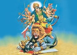 Good wins out over evil, as Goddess Durga defeats Mahishasura. (Click to view larger version...)