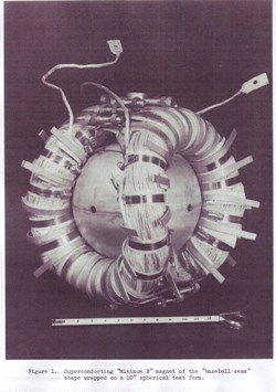 One of the first superconducting plasma confinement devices made out of Nb 25% Zr conductor presented by Taylor and Laverick from the Lawrence Radiation Laboratory in Livermore, California, at the 1st Magnet Technology Conference in 1965. (The scale is in inches.) (Click to view larger version...)