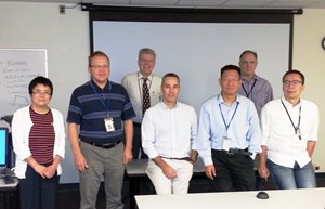 Members of the joint ITER-PPPL team for diagnostic port plugs: Wenping Wang, Andrei Khodak, Julio Guirao, Yuhu Zhai, Jingping Chen (front); Irving Zatz, Doug Loesser (back). (Click to view larger version...)