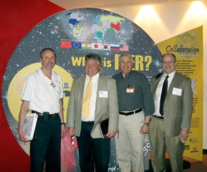 Taking a break during the central solenoid pre-solicitation vendor meeting in Oak Ridge are, from left, Robert Stock, Alexander & Associates; Wayne Reiersen, US ITER Magnet Systems Team Leader; John Ray, Alexander & Associates; and Brad Nelson, US ITER Chief Engineer. (Click to view larger version...)