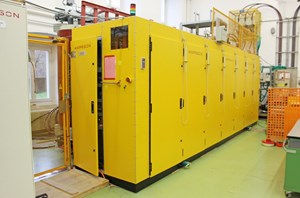 The high voltage power supply units delivered by Europe (pictured), India and Japan will be installed in the Radio Frequency Building on site. High-power microwaves generated by the power supplies and the gyrotrons will reach the ITER Tokamak by travelling along waveguides. (Click to view larger version...)