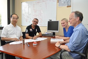 Left to right: Kiyoshi Okuno, JAEA and Technical Responsible Officer for the toroidal field conductor Procurement Arrangement; Arnaud Devred, Leader of the Superconducting Systems & Auxiliaries Section; Ina Backbier, Procurement Responsible Officer; and Neil Mitchell, Head of the ITER Magnet Division. (Click to view larger version...)