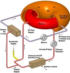 Le cycle d'alimentation en combustible en « boucle D-T fermée » d'ITER. Le deutérium et le tritium sont introduits dans la chambre à vide, où seule une fraction minime du combustible se consume. La partie non consumée du plasma est récupérée et traitée par un système de séparation isotopique qui extrait les combustibles de fusion pour les réinjecter dans le cycle du combustible. (Click to view larger version...)