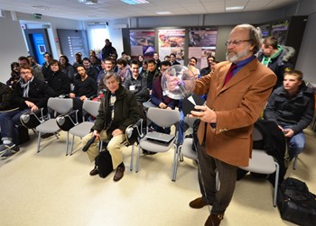 Fusion veteran Jean Jacquinot, former director of JET and of CEA's fusion research department, welcomes approximately 40 Erasmus and French Master's students to ITER. (Click to view larger version...)