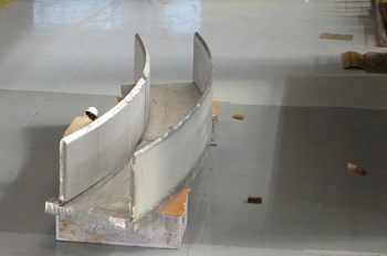 In Hazira, on the north-western coast of India, fabrication of a real-scale mockup has begun. Here, a part of the cryostat base section. Mockup fabrication aims at demonstrating and validating welding and manufacturing techniques and sequences that will be implemented in the actual component. (Click to view larger version...)