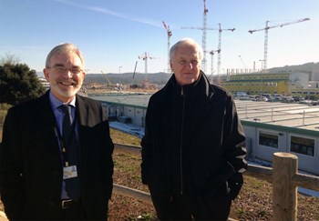 Fritz Wagner (right) is known to every fusion student around the world for his discovery of the ''H-mode'' in 1982 — a phenomenon ''so much of our lives now depend on'' said the head of ITER Plasma Operation, David Campbell (left), as he introduced Wagner to the near-full auditorium at ITER. (Click to view larger version...)