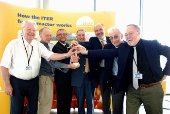 On 16 September, Robert Aymar, former director of both CERN and the ITER Project; Neil Mitchell, head of the ITER Magnet Division; Arnaud Devred, leader of the ITER Superconductor Systems & Auxiliaries Section; Lucio Rossi, project leader for the LHC High Luminosity Upgrade; Pierluigi Bruzzone, head of the Swiss Plasma Center's Superconductivity Section; Bruce Strauss, program manager at the Office of High Energy Physics (US Department of Energy); and David Larbalestier, Florida State University, celebrate the success of the eight-year campaign to procure ITER conductors. (Click to view larger version...)