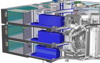 As part of the contract, 15 lorry-sized containers (or ''casks'') will be realized for the sealed transport of components in need of repair or replacement. The casks will travel between the vacuum vessel and the Hot Cell Facility, capable of ''docking'' at three different levels of the machine as shown here. (Click to view larger version...)