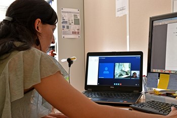 Natalia Casal during a Skype video conference reviewing the launch of the bellows test stand at the Swiss Plasma Center. (Click to view larger version...)