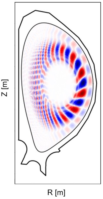 Cutting-edge predictive simulation with the ORB5 code [T. Hayward-Schneider] showing a fast ion driven instability (n=12 Toroidal Alfvén Eigenmode) in ITER. (Click to view larger version...)