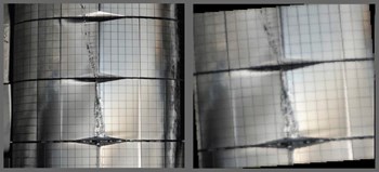 The new in-vessel lighting system has the advantage of being fast and readily deployed, capable of providing a first indication of any damage to the ITER first wall. Left: Image taken inside of the JET tokamak showing a proxy of melt damage inside of ITER. Right: A simulated image, showing the quality expected from ITER's new illumination diagnostic (taken from a distance of 7 metres). (Click to view larger version...)