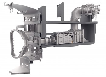 Un des puissants injecteurs de neutres prévu pour ITER. Remarquez sa taille par rapport à la chambre à vide (visible à gauche). (Click to view larger version...)