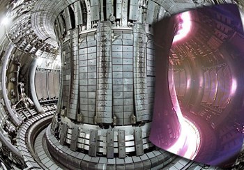 Three, two, one ... We have plasma! Inside the European JET Tokamak, both during (right) and after operation. Photo: CCFE, JET. (Click to view larger version...)