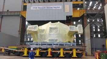 Workers at Hyundai Heavy Industry's Ulsan factory prepare a 440-tonne ITER vacuum vessel sector for travel to France. This is the second sector (of four expected from Korea) to leave the shop floor. (June 2021) (Click to view larger version...)