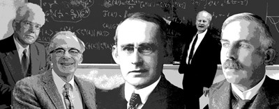 From left to right: Mark Oliphant (1901-2000); Lyman Spitzer (1914-1997); Arthur Eddington (1882-1944); Hans Bethe (1906-2005); and Ernest Rutherford (1871-1937). (Click to view larger version...)
