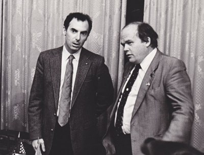 Mike Roberts, left, with Evgeny Velikhov during a meeting of the US-USSR Joint Fusion Power Coordinating Committee (JFPCC) 19-20 September 1985 at the Kurchatov Institute in Moscow. Photo: Kurchatov Institute (Click to view larger version...)