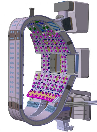 Spaced in neat rows around the torus-shaped vacuum vessel at upper, equatorial and lower levels are 44 openings, or ''ports'' with a variety of service functions. From inside the plasma chamber, these access windows resemble the porthole of an airplane, only larger and with a variety of rectangular or trapezoidal shapes. From outside the vessel, the openings are completely hidden behind stub extensions and splice plates, connecting ducts and port stubs—everything needed to create a corridor of connection between the exterior wall of the vacuum vessel and the cryostat approximately six metres away. (Click to view larger version...)