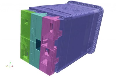 The diagnostic first wall sits at the front of a port plug (three colours), closest to the plasma. It has complex cutouts for the diagnostic systems it is shielding as well as a dense network of cooling pipes (which can be seen if you enlarge the image) to protect against thermal radiation. Manufacturing techniques for this complex assembly have been tested in a reduced-size mockup and will be tested again in a full-size mockup before manufacturing. (Click to view larger version...)