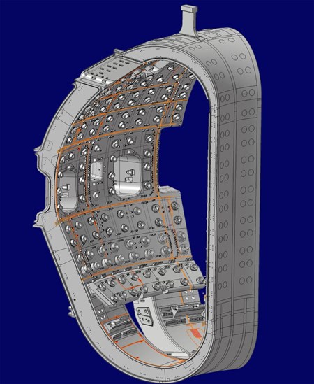 Thin and light, but ever so important. Nearly two and a half kilometres of vacuum vessel flux loops (shown in orange on this sector) will help ITER operators determine magnetic equilibrium and shape. (Click to view larger version...)