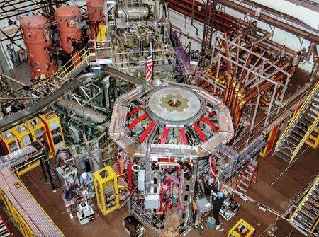 The NSTX spherical tokamak before it was upgraded to NSTX-U. The upgraded machine was ten weeks into operations when a dysfunction in one of its poloidal field coils brought everything to a halt. NSTX-U, says Steve Cowley will be back in the spring of 2021. (Click to view larger version...)