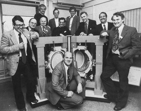 Following four years of design activities, Europe's decision to build JET, in 1977, marked the first international collaborative effort in the construction of a fusion machine. JET remains to this day the largest operating tokamak. Here, the design team headed by France's Paul-Henri Rebut (centre) in 1977. (Click to view larger version...)