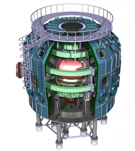 A CAD render of the DTT device showing all the main components to be found in a superconducting tokamak. The horizontal distance from the central axis of the machine to the centre of the plasma (in pink) is 2.2 m (major radius). This makes DTT a bit more than one third of the linear size of ITER. (Click to view larger version...)