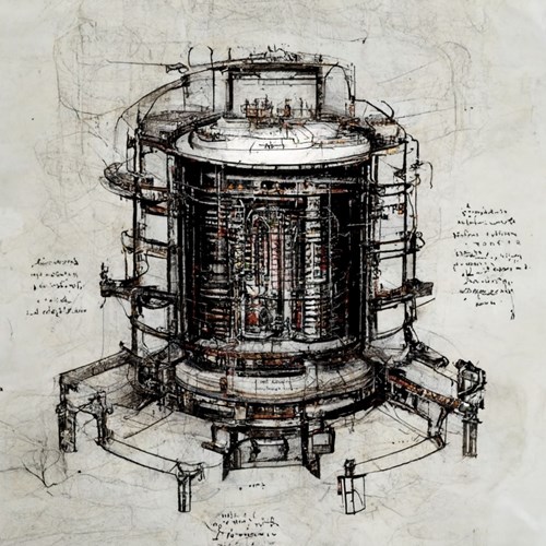 Dated from the years 1505-1510, the drawing shows a cylindrical machine with coil-like vertical structures, surrounded by poles and wires. ''For someone familiar with fusion technology, it uncannily resembles the drawing of a tokamak'', says Hungarian physicist Daniel Dunai, who unearthed the document. (Click to view larger version...)