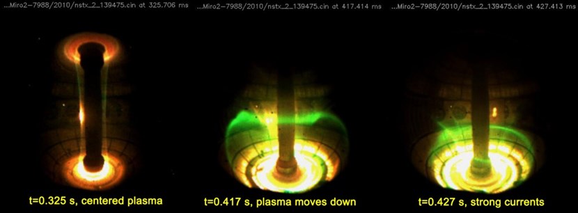 Evolution of the plasma in PPPL's National Spherical Torus Experiment during a disruption, as captured by a fast color camera. The plasma is centred in the left-hand frame, moves downward in the centre frame, and lands on the floor of the vacuum chamber in the right frame. Large ''halo currents'' are observed in the indicated ring of detectors at this time. (Click to view larger version...)
